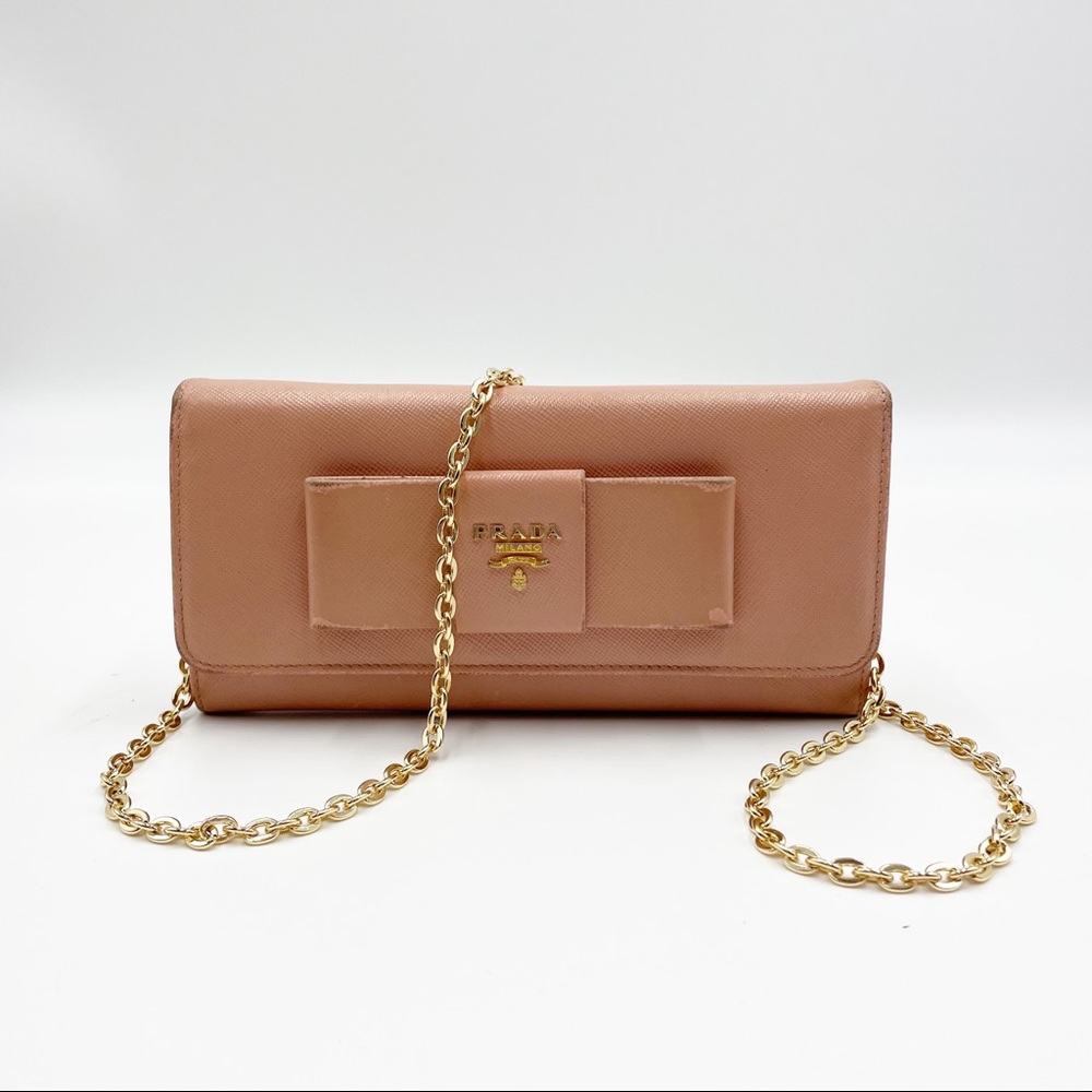 Prada Pink Bow Saffiano Leather Chain Crossbody Bag with Gold Chain